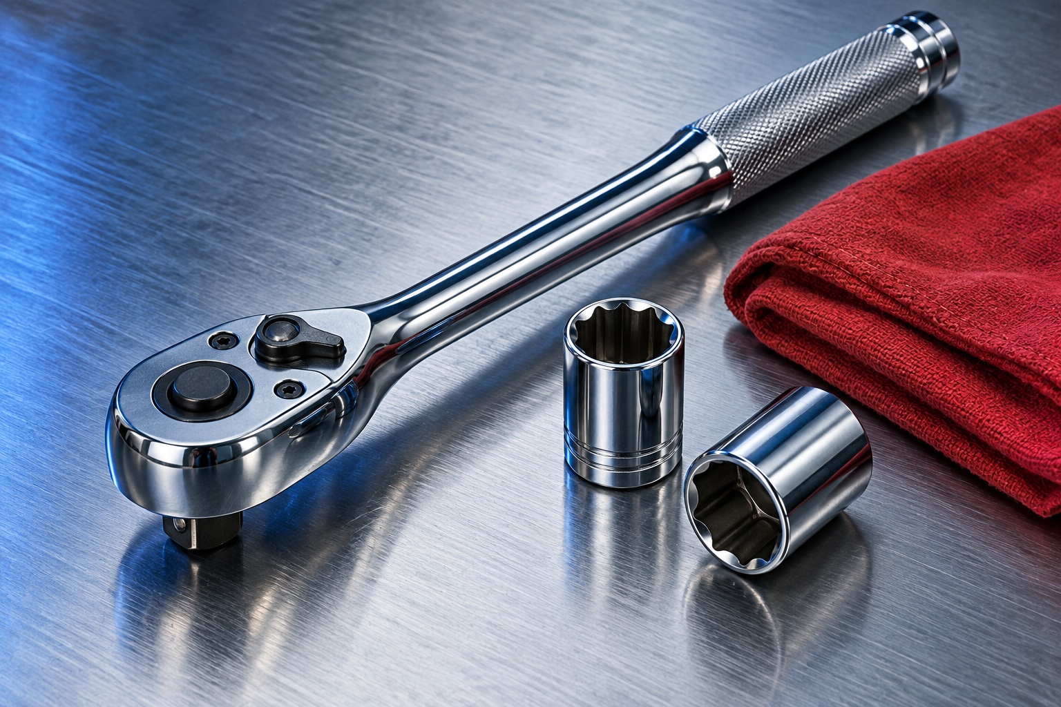 Illustrative AI study of a ratchet and sockets on brushed steel; not the shop’s equipment